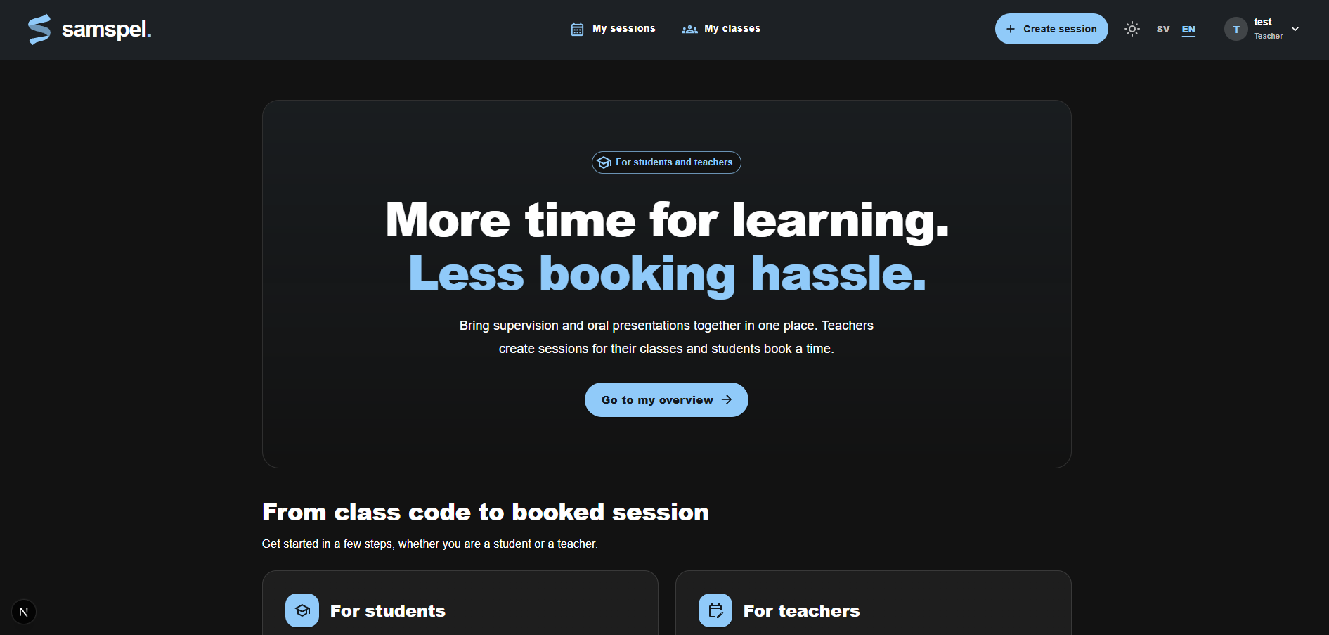 Samspel's home page with a headline about more time for tutoring and less hassle with bookings.