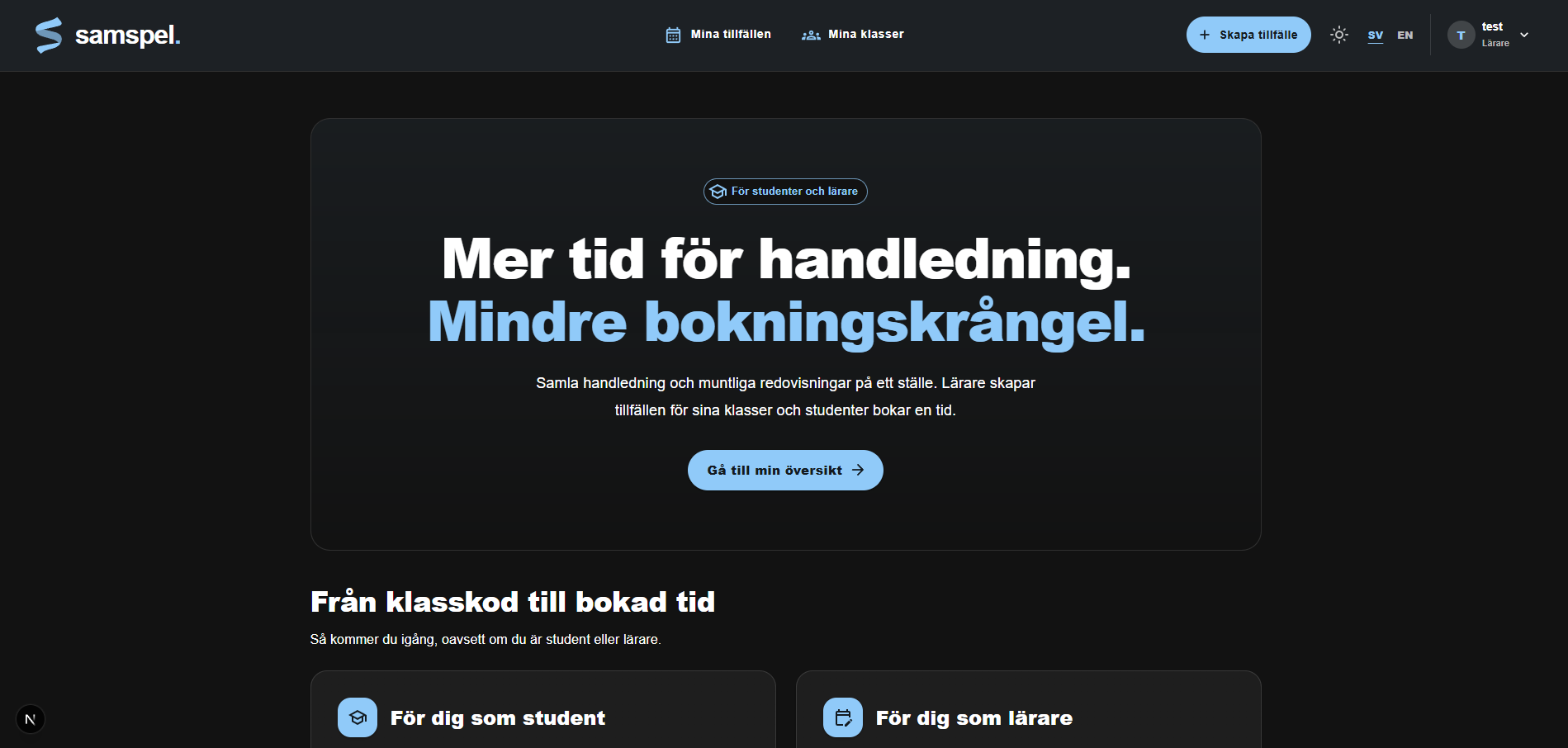 Samspels startsida med rubriken Mer tid för handledning. Mindre bokningskrångel.