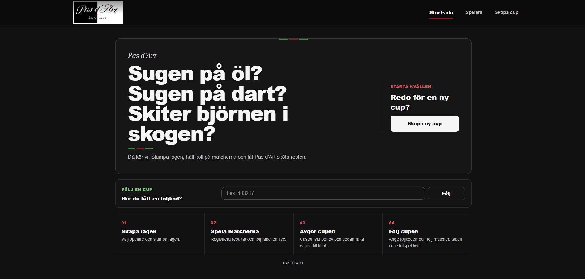 Pasd'Arts startsida med introduktion och möjlighet att skapa en cup.